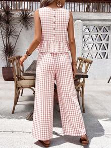 SHEIN Holidaya 女款格紋百褶上衣與長褲休閒日常兩件套 - 彩色 - 查看 2