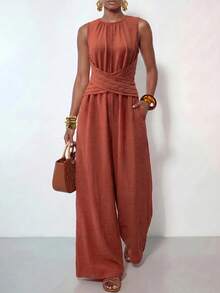 Zivah New Summer Hot-Selling Casual Commuter Vacation Linen Reddish-Brown Round Neck Sleeveless Cross Waist Belted Pleated Long Women Jumpsuit,Suitable For Everyday Wear, Going Out,Vacations, Travel, Beaches, Party, Airport Outfits, Brunch Outfits,Boho , Nomadic,Casual ,Shopping,Work Outfits For Women,Graduation Outifit,Country Concert Outfit,Back-To-School - Red - View 5