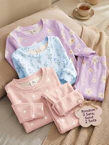 Baby Girl Casual Minimalist Slim Fit Round Neck Long Sleeve Pants Loungewear Multi-Piece Set, Suitable For Autumn/Winter, Snug Fit - Multicolor - View 4