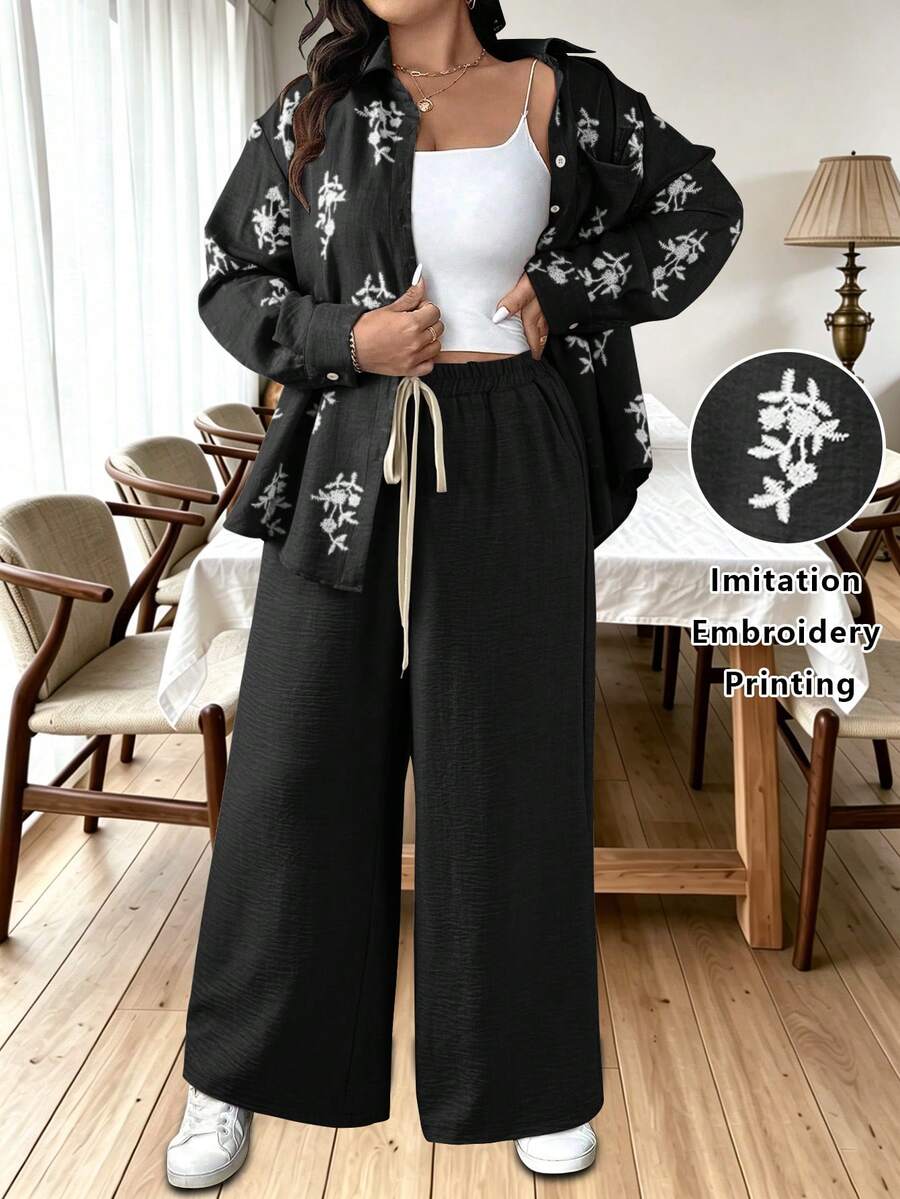 Ceyna 大尺碼女款法式休閒波西米亞優雅長袖上衣與長褲兩件套,秋季/女款度假套裝日系風格服飾女裝套裝 Zahide 套裝度假黑白花卉印花度假 - 黑色 - 查看 1