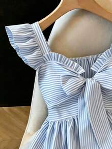 GlowEve Stylish Blue Striped Woven Peplum Blouse For Women With Sweetheart Neckline And Flutter Sleeve,Summer Commuting - Blue and White - View 5