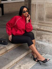 SHEIN SXY 女款純色立領拉鍊休閒街頭風百搭日常旅行長袖夾克，紅白配色，運動日常外出秋季款 - 紅色 - 查看 7