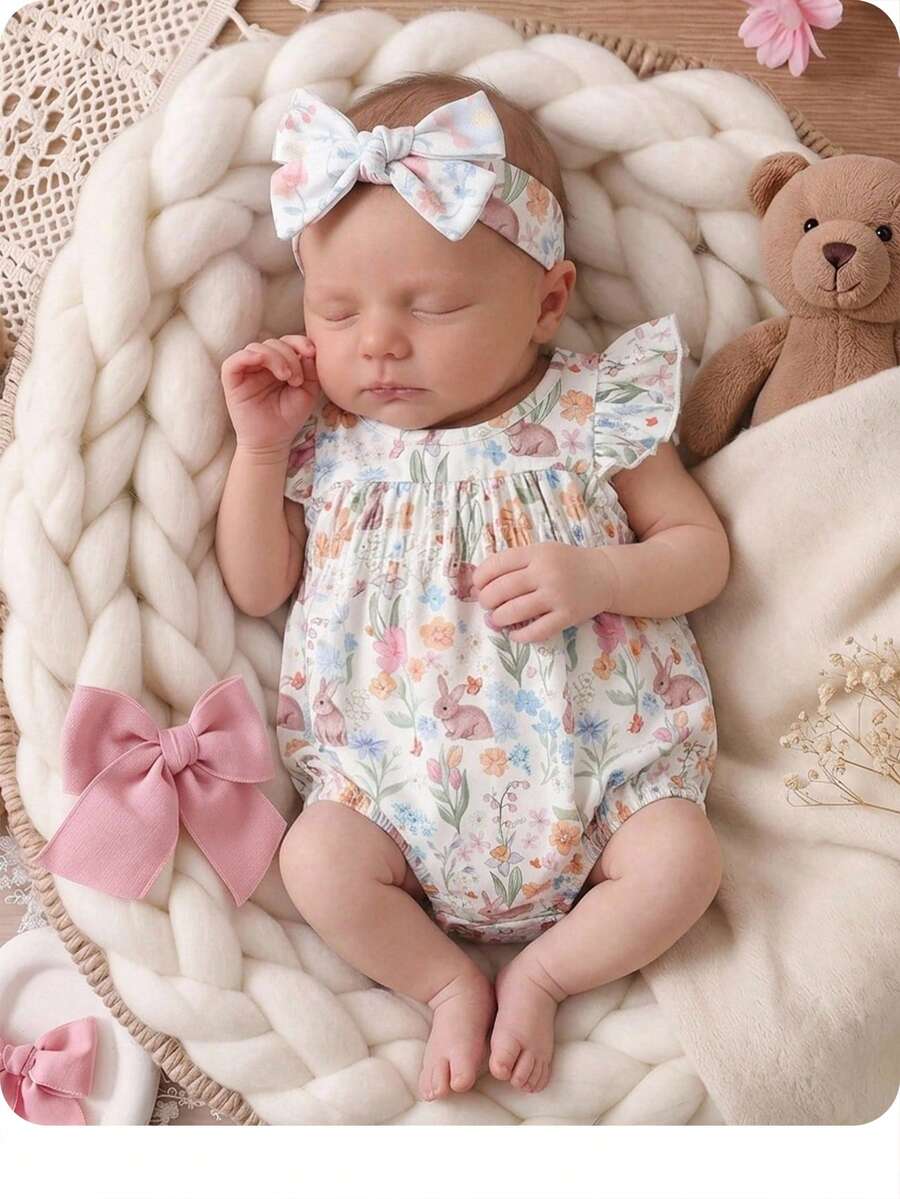 SHEIN LMoss Kids Baju Terusan Bayi Perempuan Baru Lahir Lucu untuk Musim Panas, Kasual, Motif Bunga, Lengan Bergelombang - MultiWarna - View 1