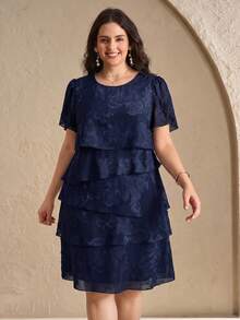 Reflora Vestido de verano elegante de talla grande con unicolor y capas con recortes - Azul - Ver 3