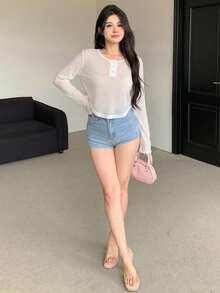 DAZY 女款純色鈕扣設計長袖度假夏季罩衫上衣 - 白色 - 查看 3