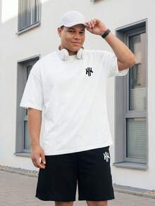 Manfinity EZcore Plus Size Men's Round Neck Short Sleeve T-Shirt And Casual Drawstring Waist Shorts Set - Multicolor - View 4