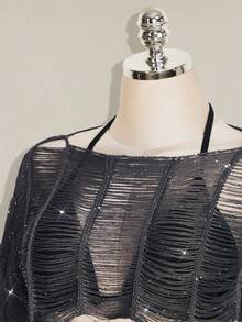 SHEIN ICON 女款素色時尚百搭日常穿著短版長袖針織衫 - 深灰色 - 查看 4
