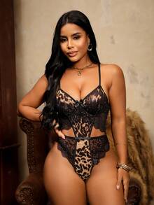 SHEIN 1pc Women's Lace Contrast Mesh Underwire Sexy Jumpsuit - Multicolor - View 4