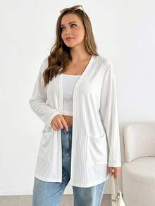 SHEIN Essnce كارديجان نسائي بمقاسات كبيرة للربيع/الصيف، كاجوال فضفاض مريح متعدد الاستخدامات بأكمام طويلة - أبيض - مشاهدة 4