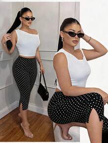 SHEIN SXY 大尺碼女款波點休閒百搭日常穿著緊身內搭褲 - 黑色 - 查看 2