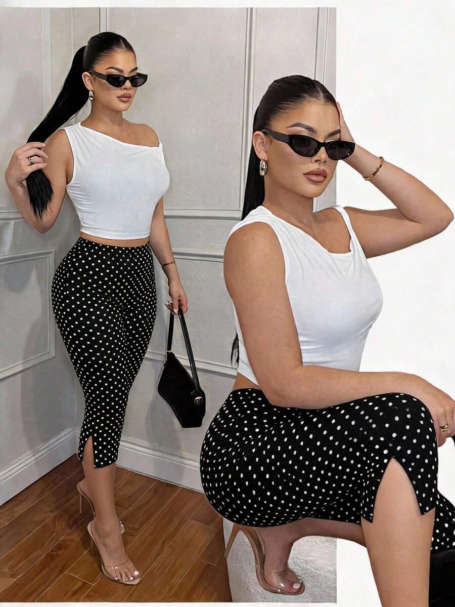 SHEIN SXY 大尺碼女款波點休閒百搭日常穿著緊身內搭褲