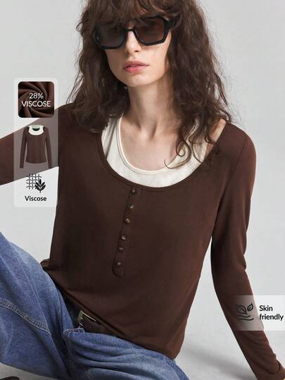 Ontre 026 Autumn Cocoa Brown & Beige Contrast Structural 2 In 1 Top, Vacation Style, Holiday, Women's Simple Elegant Urban Modern Versatile Commute Teacher Casual Wear, Summer Holiday