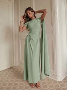 Aloruh فستان أنيق طويل الأكمام بأكمام غير متماثلة وذيل مكشكش، مناسب للزفاف والحفلات والمناسبات الرسمية كالوصيفات، مناسب لعيد الحب - أخضر نعناع - مشاهدة 3