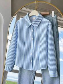 SHEIN 青少年女孩休閒日常百搭舒適翻領馬匹圖案刺繡襯衫 秋冬款 - 藍白色 - 查看 3
