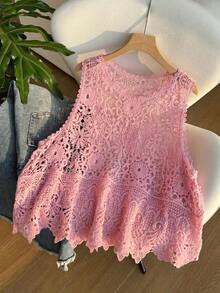 SHEIN EZwear 大尺碼女款春夏鏤空針織背心，適合郵輪海灘，淺粉色波希米亞波希風哥德風 - 粉色 - 查看 6
