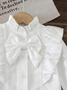 SHEIN 女嬰可愛休閒百搭學院風白色蝴蝶結長袖襯衫 - 白色 - 查看 4