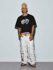 Modcrash Vintage Distressed Cargo Pants, Loose Wide Leg Pleated Design, Streetwear Multi-Pocket Casual Jeans - Light Grey - View 3