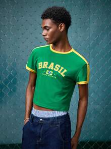 EVRINFINITE Men's Letter Print Color Block Crew Neck T-Shirt, Summer, School Brasil World Cup Soccer 2026, Couple Matching Outfit Vacation. - Green - View 5