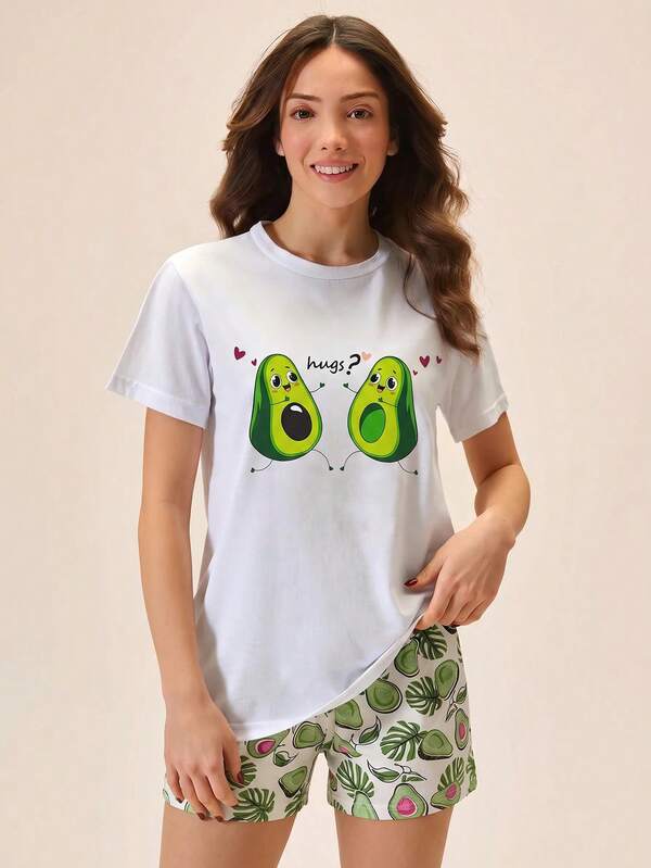 EURMUSE Women Cotton 2 Pcs Cute Avocado Printed Short Sleeve Shirt & Avocado Pattern Sleep Shorts Homewear Cute Pajama Set Sleepwear Women Summer Lounge Sets For Women Short Sets Pijama Set For Woman Cotton Pajamas Set Summer