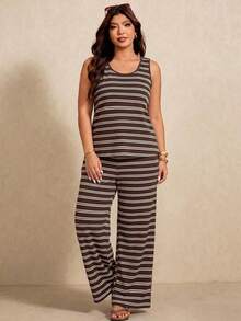 Elaquor Casual Minimalist Plus Size Brown Tank Top And Pants 2 Pieces Set, Suitable For Summer Formal Vacation - Multicolor - View 4