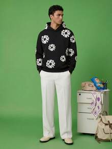 FROVYX Men's Casual Letter Print Hoodie, Autumn/Winter Black Flower Print Hoodie, Long Sleeve Top - Black - View 5