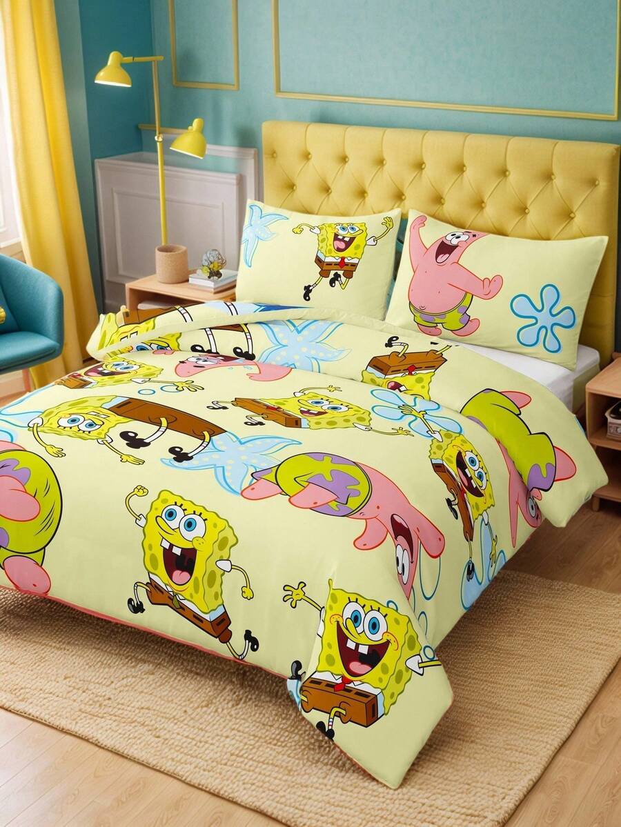 SpongeBob SquarePants | SHEIN 3件組海洋動物卡通印花被套組,磨砂材質,柔軟保暖,藍色被套,雙面圖案,多種尺寸,適用單人床/雙人床/加大床/特大床,禮物首選 - 彩色 - 查看 1