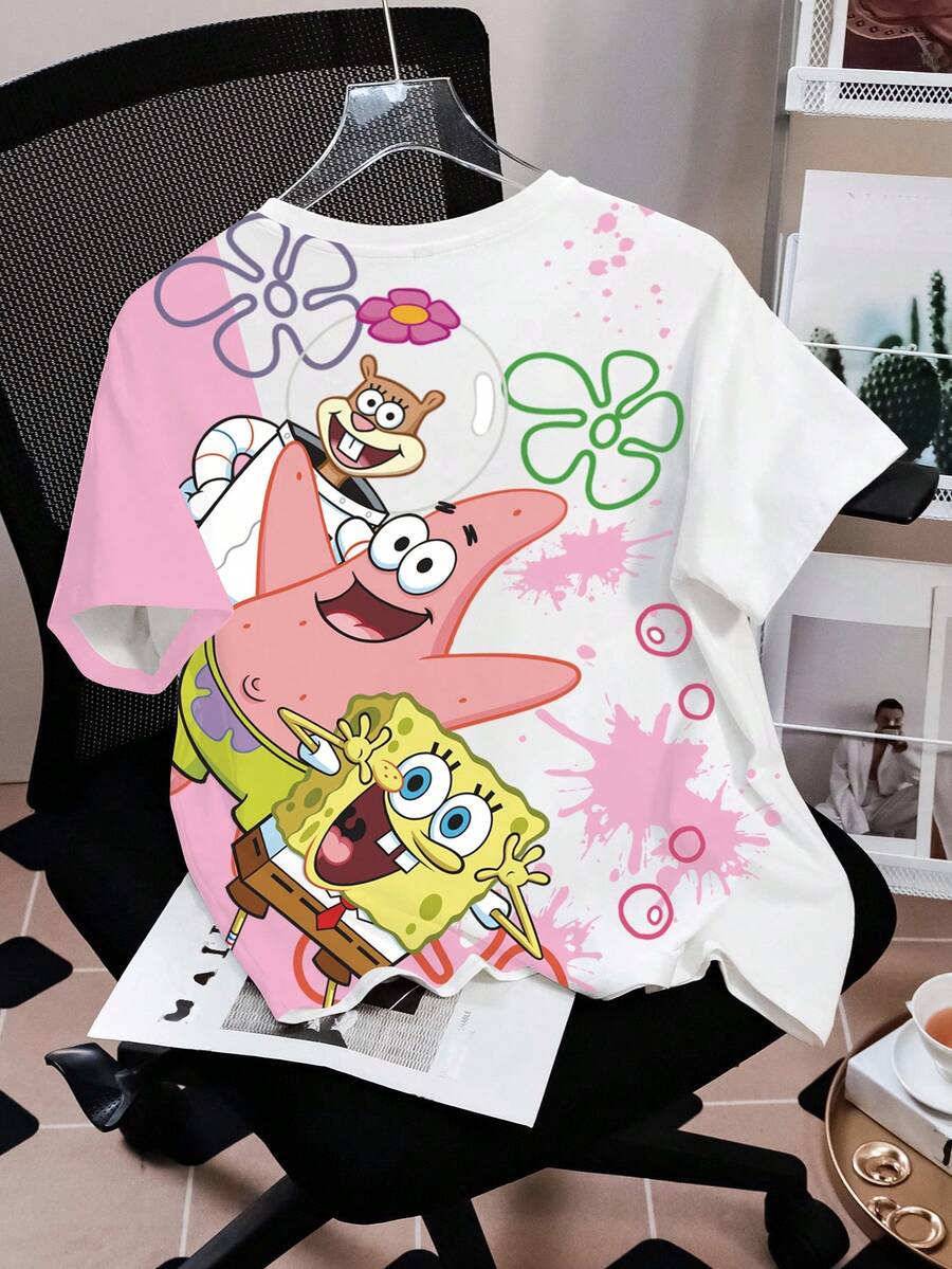 SpongeBob SquarePants | SHEIN 女款卡通印花圓領短袖休閒T恤 - 白色 - 查看 1
