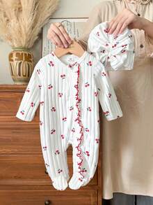 SHEIN Vintaside Kids 新生女嬰白色條紋甜美可愛鬆款前開拉鍊荷葉邊連身褲附腳套兩件套拍照裝 - 杏色 - 查看 7