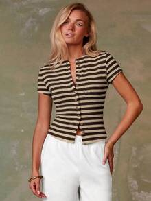 Athîral Women's Striped Short Sleeve Single-Breasted Casual Top - Coffee Brown - View 5