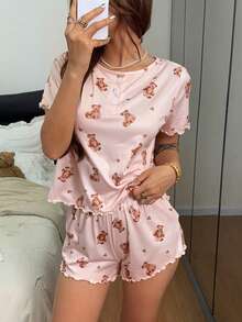 Napfluff Conjunto de pijama de manga corta con cuello redondo, botones delanteros y estampado de osos lindos - Multicolor - Ver 4