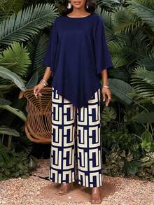SHEIN Lady Women's Solid Color Round Neck Long Sleeve Top And Wide Leg Pants Casual Elegant Daily 2 Pieces Set Dinner Navy Blue Autumn - Multicolor - View 3