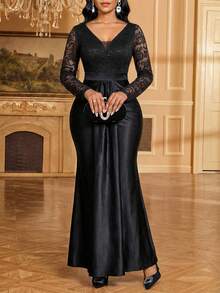 SHEIN Lady Women's Elegant Party Dinner Lace Patchwork Mermaid Dress Wedding Black Autumn - Black - View 4