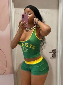 StreetHx 巴西黃綠國旗配色 BRASIL 字母印花 U領修身短版上衣 + 超短褲 2件組 - 彩色 - 查看 5