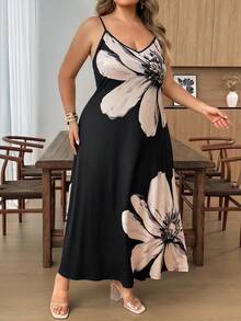 SHEIN CURVE+ 大尺碼春夏基礎款黑色細肩帶洋裝 - 彩色 - 查看 4