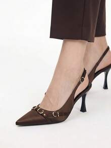 Mnmlis Chic Brown Satin Pointed Toe Slingback Pumps For Women With Stylish Gold Hardware And Slim Stiletto Heel Fall Shoes - dark brown - View 3