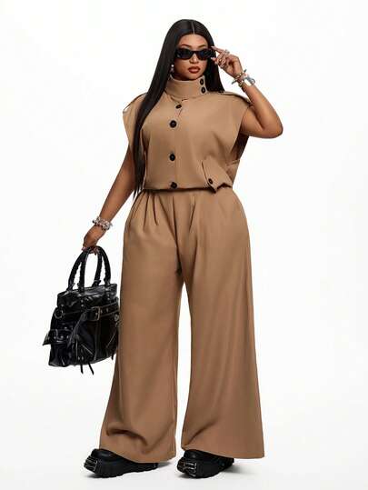 Maweii Plus Size Women's New Khaki Sleeveless Wide Leg Pants Set, Loose Fit, Draped Wide Leg Pants, Stand Collar Button Vest, High Waist Cut, Commute Two Pieces Set, Office Wear Atmosphere, Professional Elegant, Spring/Autumn Loose Slimming Draped Wide Leg Pants Set