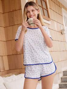 Doze Lane Minimalist Blue & White Floral Short Sleeve 2 Pieces Set, Comfortable Home Casual Pajama Set - Multicolor - View 7