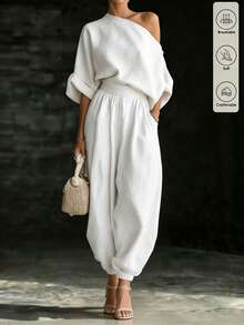 SHEIN Holidaya Women's Spring/Summer Slouchy Textured Asymmetric Shoulder Casual 2 Pieces Set, Featuring Asymmetric Shoulder Design With Loose Drop Shoulder Short Sleeve Top And High-Waist Elastic Cuffed Lantern Pants, Textured Fabric In Matching Color For A Relaxed Vibe, Versatile Outfit For Daily Commute, Casual Outings, Home Wear And More - White - View 4