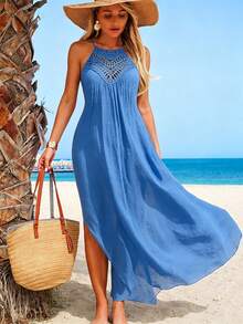 Swim Vcay Women's Solid Color Halter Neck Beach Cover Up With Side Slit - Sky Blue - View 5