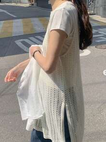 DAZY Women's Solid Color Casual Korean Style Knit Top Summer School - White - View 1