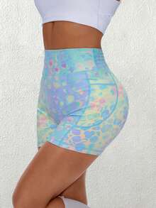 SHEIN Sovereign Charm Colorful Leopard Print High Waist Tight Workout Shorts, Summer Short Pastel Tie Dye Biker With Pockets Women Training Rave Yoga - Multicolor - View 6