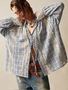 Bohemela Spring/Summer|Women's Casual Woven Vintage Plaid Lace Patchwork Shirt|Daily/Beach/Vacation/Festival/Party|Western|4th Of July|Country Concert|Juneteen - Blue - View 2