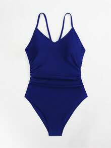 SHEIN Swim 女式中空後背單件泳衣 - 寶藍色 - 查看 7