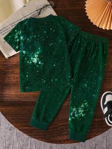 Conjunto de 2 piezas para niño con estampado digital de araña y telaraña en verde, camiseta de cuello redondo de manga corta y pantalón largo verde, cómodo y versátil, estilo streetwear diario para todas las estaciones - Multicolor - Ver 6