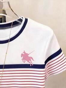 青少年女孩休閒舒適時尚簡約條紋 Polo 領馬術圖案印花 T 恤 條紋拼色上衣 適合春夏秋外出度假校園運動 - 彩色 - 查看 4