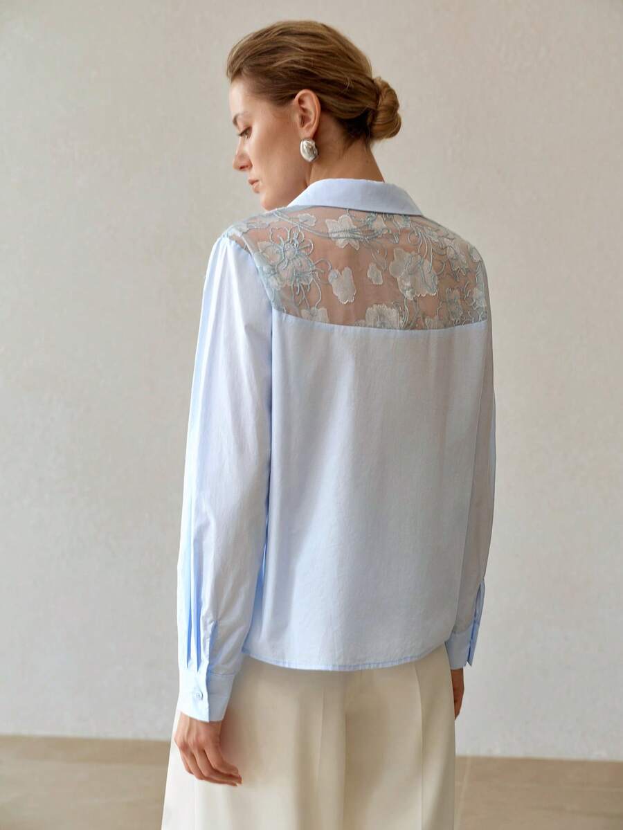 MOTF PREMIUM WOMEN'S SPRING/AUTUMN ELEGANT COMMUTE FLORAL EMBROIDERY PATCHWORK SEQUIN LONG SLEEVE BLOUSE - Blue - View 2