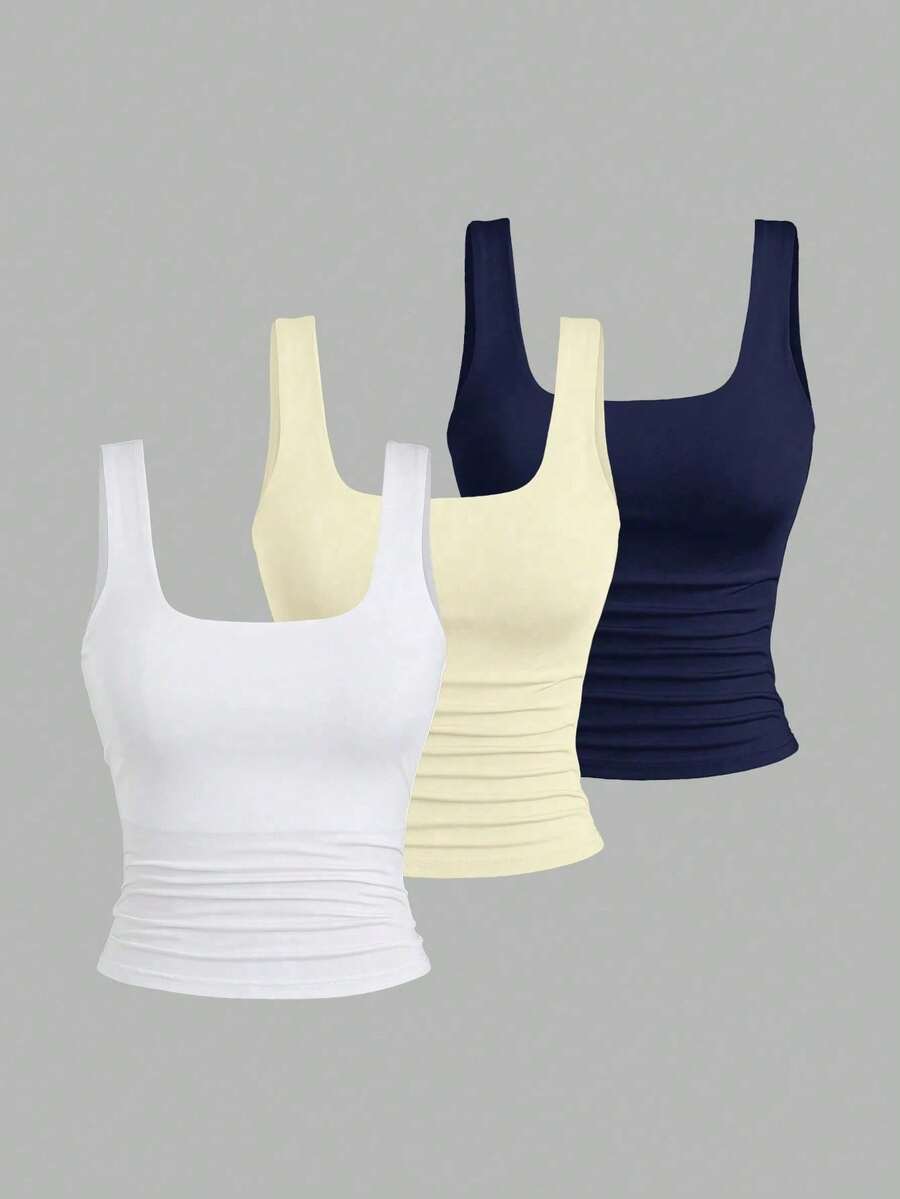 3pcs Solid Color Square Neck Pleated Tank Tops For Teen GirlSlim Fit Flattering Camisole Undershirt, Versatile Base Layer For Middle And High School Students, Waist-Defining Design, Wearable As Outerwear Or Inner Layer, Multi-Color Combination - Multicolor - View 1