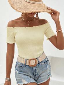 SHEIN VCAY Camiseta de mujer para vacaciones de unicolor con volantes, hombros descubiertos y manga corta - Albaricoque - Ver 3