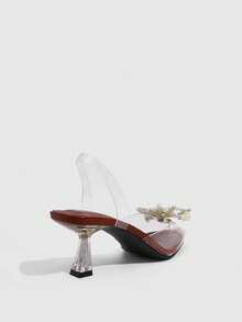 CUCCOO SZL Sepatu hak tinggi wanita model slingback transparan dengan detail pita berhiaskan rhinestones dan mutiara, ujung runcing. - Merah - View 3