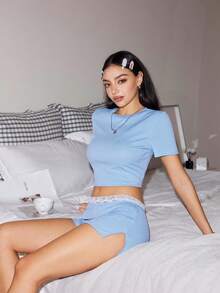 Lowkey Lull Women's Solid Color Short Sleeve T-Shirt And Shorts Loungewear Set - Baby Blue - View 7